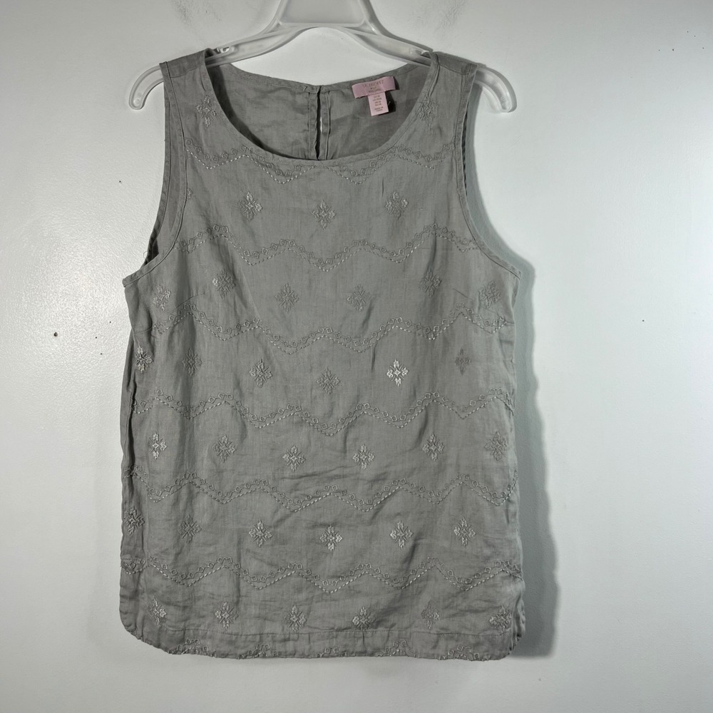 Womens St Tropez West Linen Embroidered Tank Top M Gray
